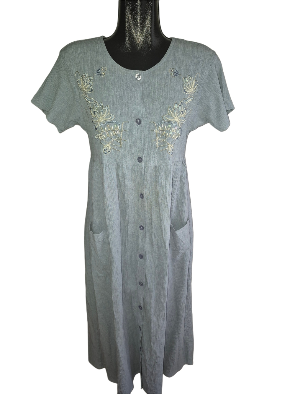Vintage 90's Cottagecore Blue Button-Front Floral Beaded Textured Maxi Dress